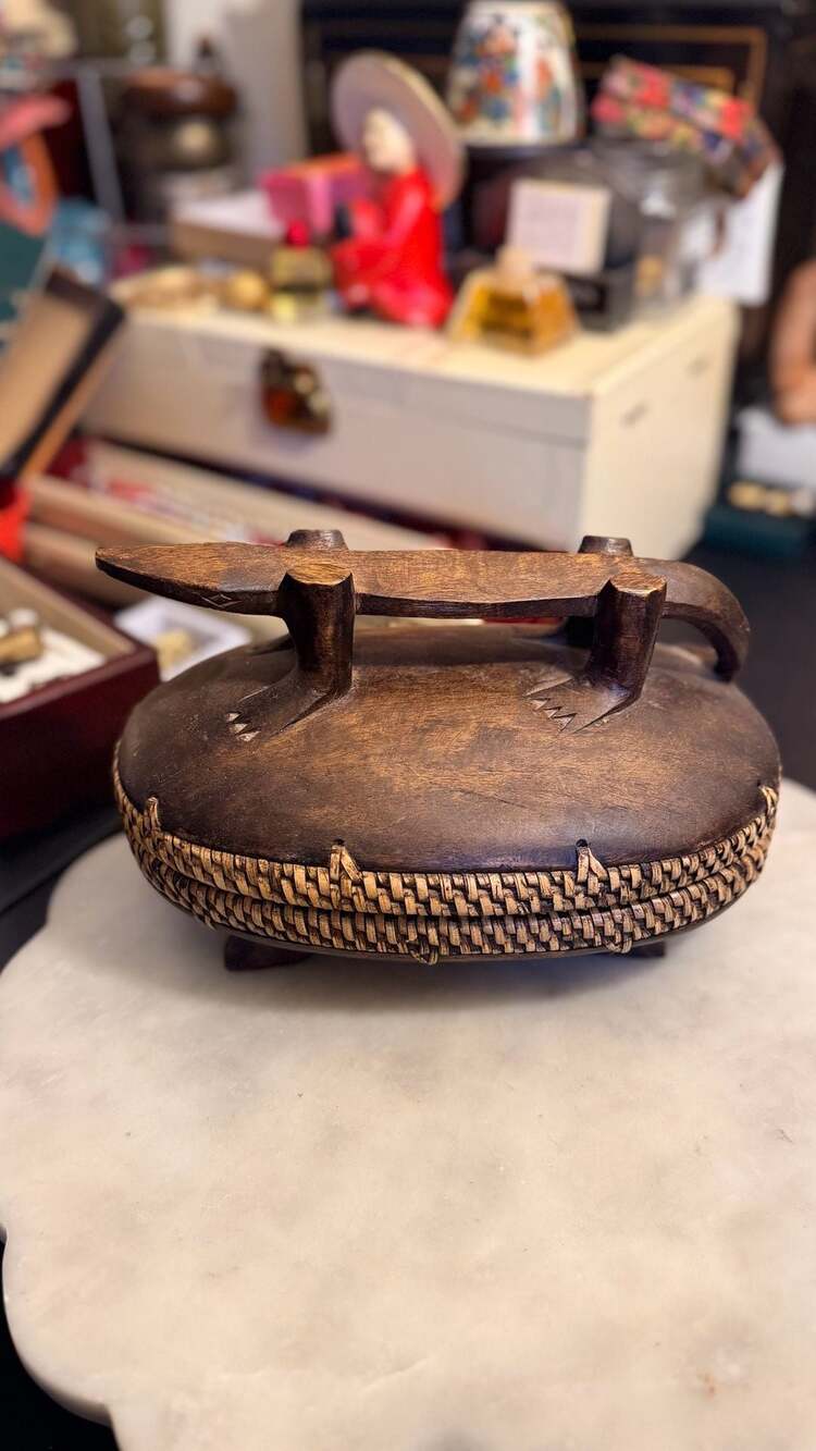 Philippines Carved Wood Crocodile Trinket Box with Woven Trim